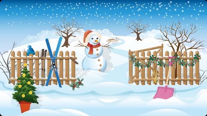Winter scene with snowman, Christmas tree, and skis