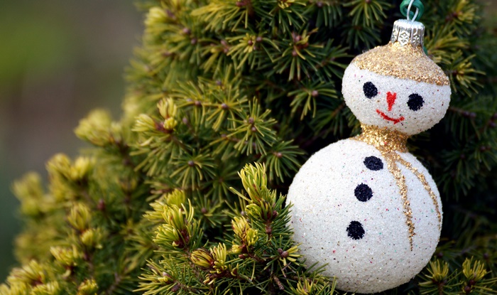 Christmas Snowman Ornament on Pine Tree