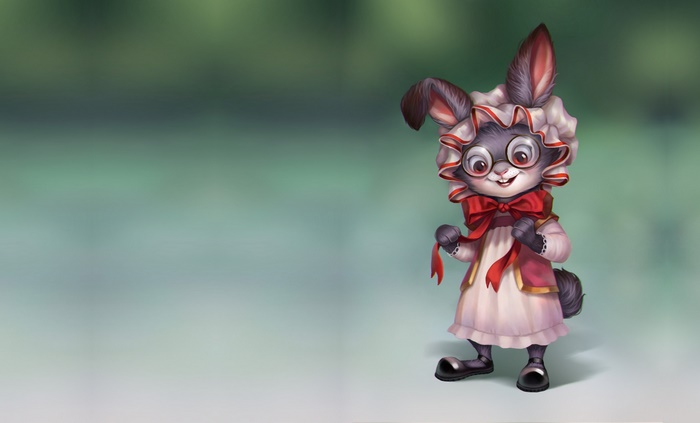 Bunny character in a dress and bonnet
