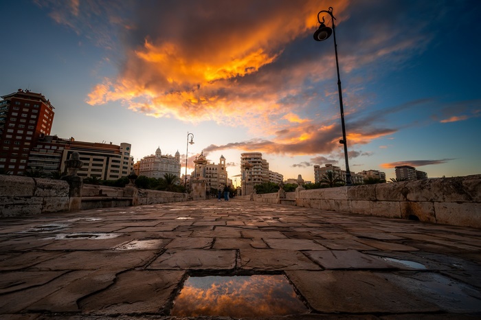 Valencia Spain Sunset over Stone Bridge