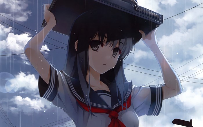 Girl in school uniform holding a briefcase in the rain