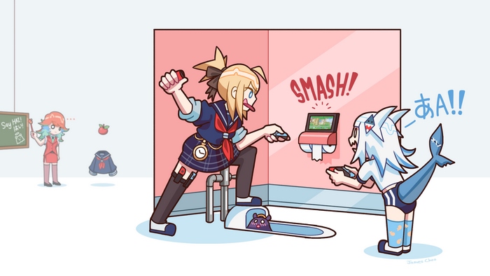 Rin Kagamine and Gawr Gura playing Super Smash Bros.