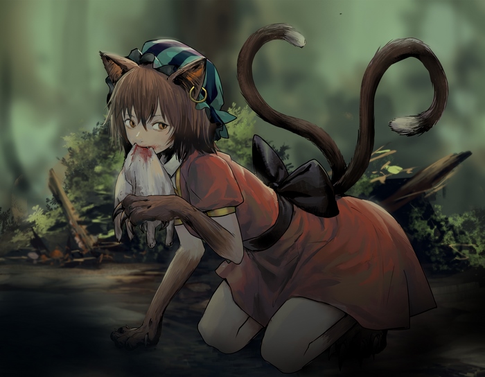 Chen from Touhou holding a bloody prey