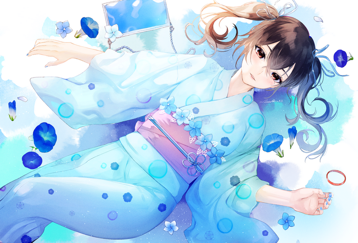 Girl in Yukata with Morning Glories