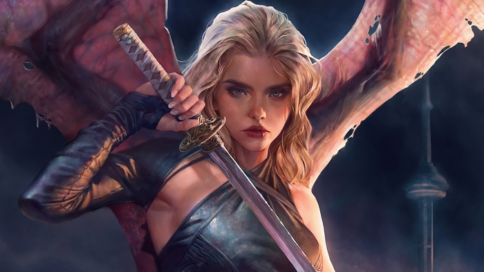 Fantasy Woman Warrior with Sword and Wings 4K