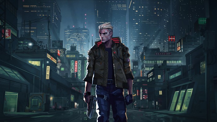 Man with gun in Cyberpunk 2077 city 4K