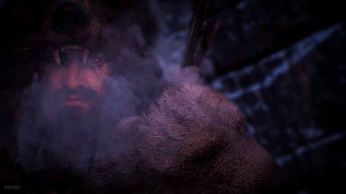 Assassin from Assassin's Creed Valhalla wearing a bear pelt