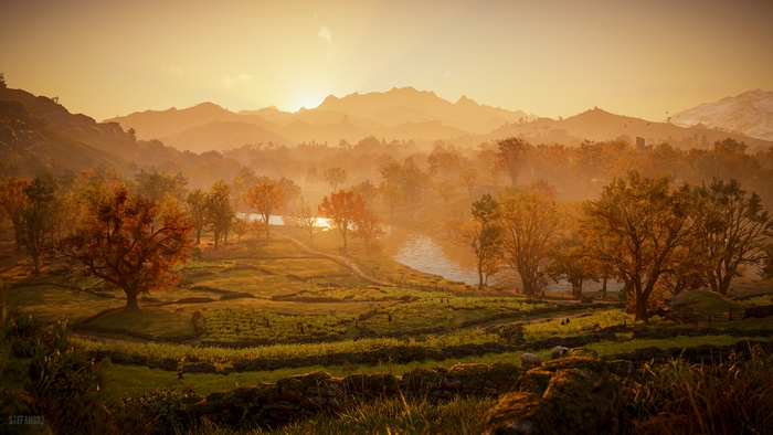 Assassin's Creed Valhalla landscape at sunset