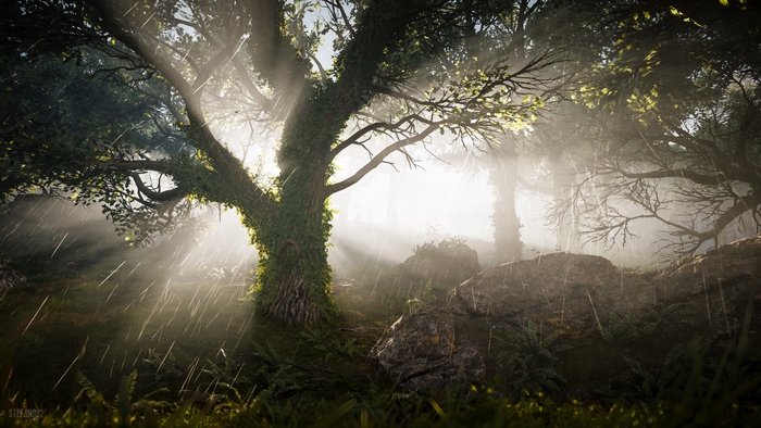 Assassin's Creed Valhalla forest with rain and sunbeams