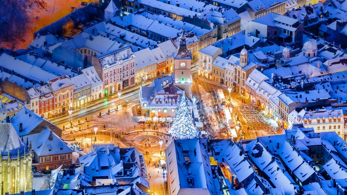 Brasov, Romania Christmas Square in Snow 4K