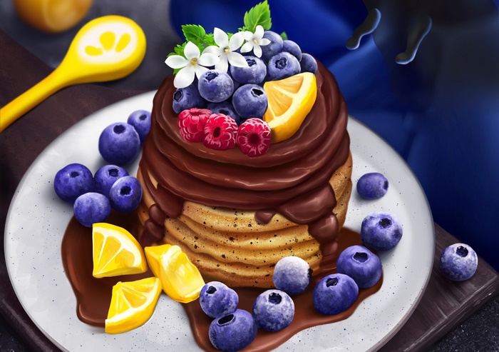 Chocolate Pancakes with Berries and Lemon