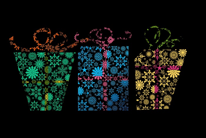Three abstract snowflake gift boxes