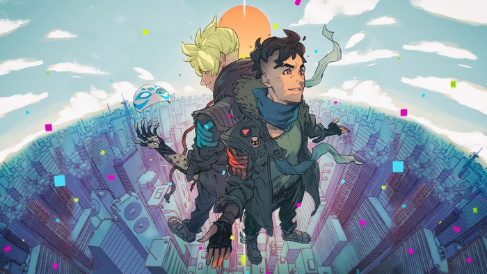 Two young men and a robot arm in a futuristic city