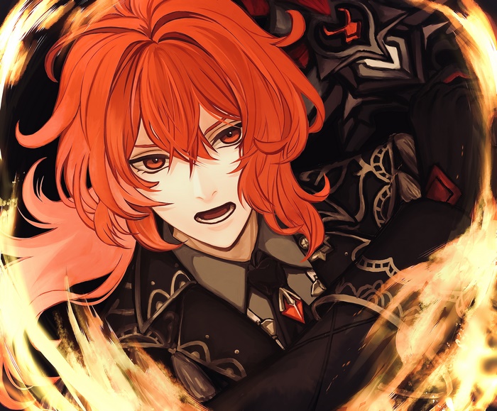 Diluc from Genshin Impact surrounded by fire