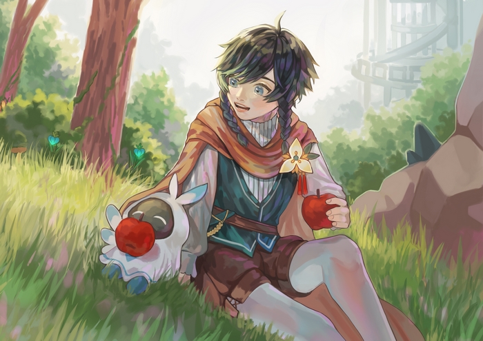 Venti from Genshin Impact sitting in a grassy field