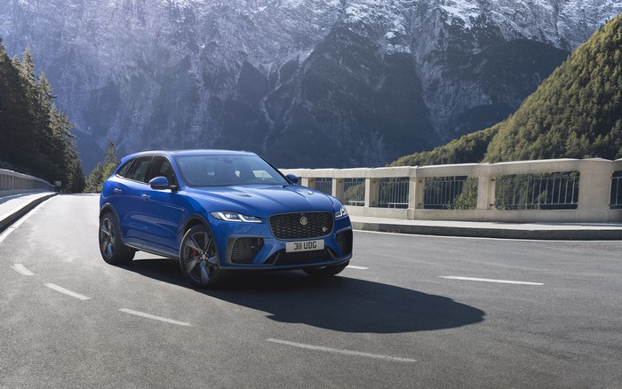 Blue Jaguar F-Pace SVR SUV on a Mountain Road