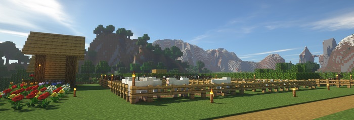 Minecraft Village with Sheep Pen and Mountains