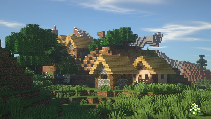 Minecraft Village with Trees and Sky