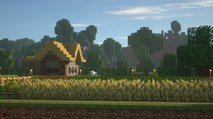 Minecraft village with wheat field and forest