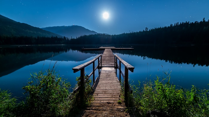 Wooden Pier on Lake Under Moonlight