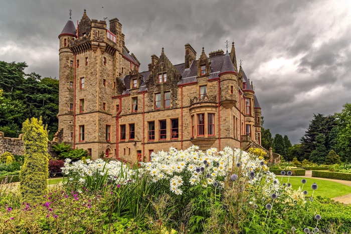 Belfast Castle with flowers in the foreground