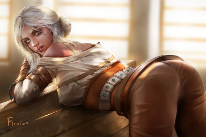 Ciri from The Witcher leaning on a wooden surface