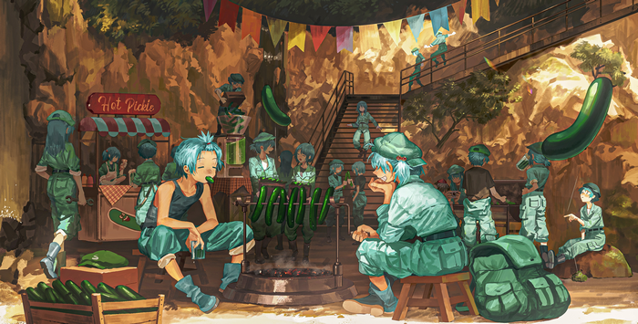 Nitori Kawashiro and Aya Shameimaru at a Hot Pickle stand