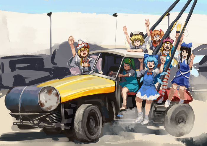 Touhou characters in a car