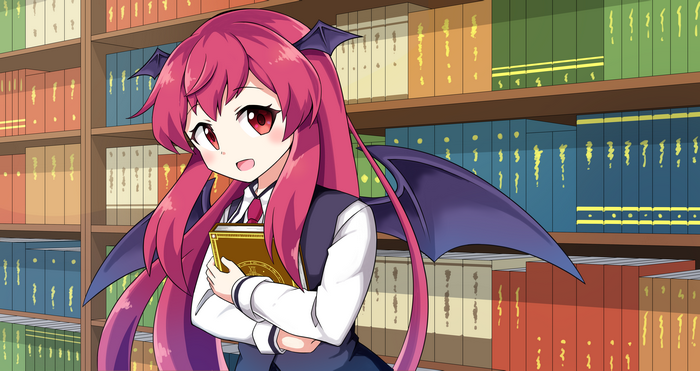 Koakuma from Touhou holding a book in a library