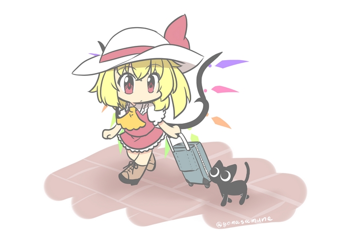 Flandre Scarlet from Touhou with a cat and suitcase