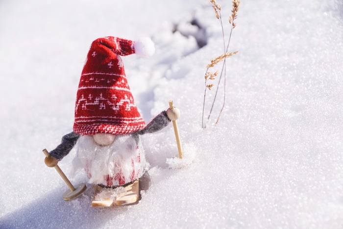 Christmas gnome on skis in the snow