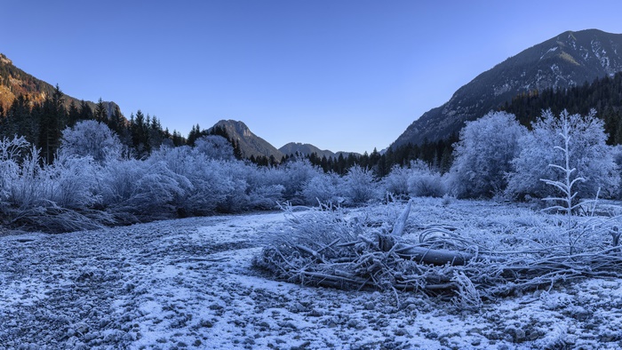 Winter landscape with frosted trees and mountains