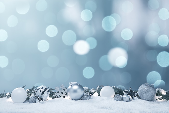 Christmas Ornaments in Snow with Bokeh