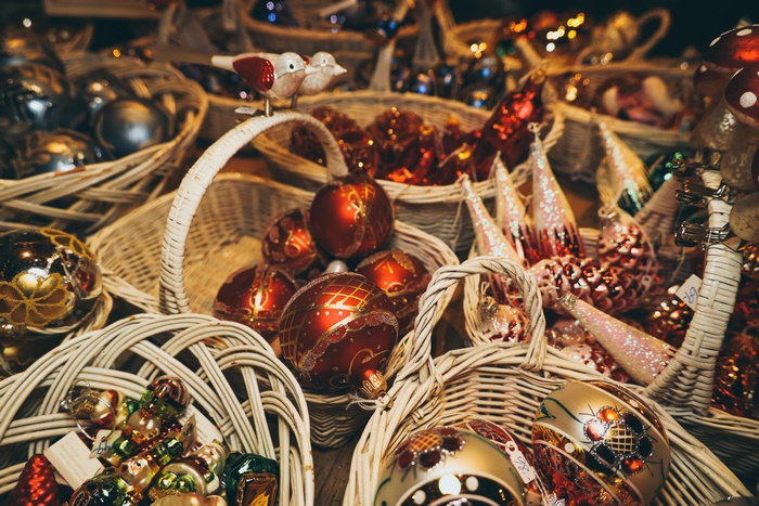 Christmas Market with Ornaments and Decorations