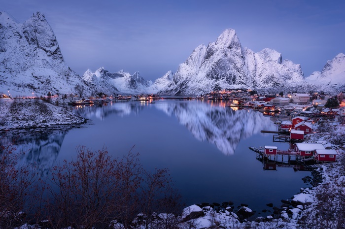 Village reflection in Fjord, Lofoten Islands, Norway