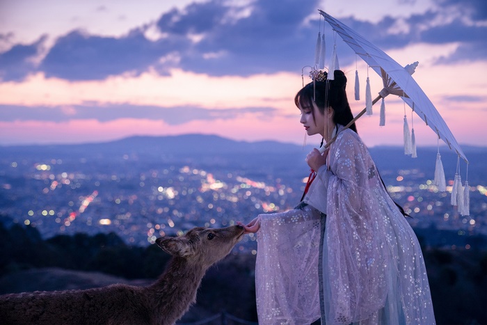 Woman in traditional dress feeding a deer at dusk