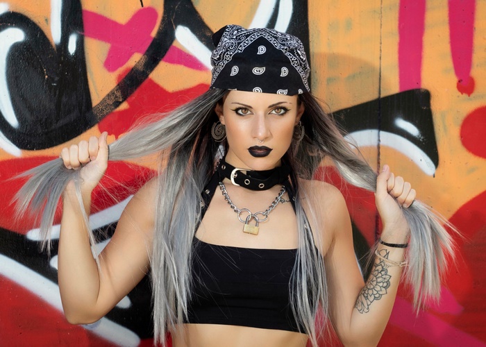 Woman with grey hair and bandana
