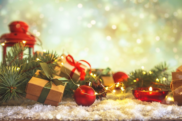 Christmas gifts and ornaments with lights