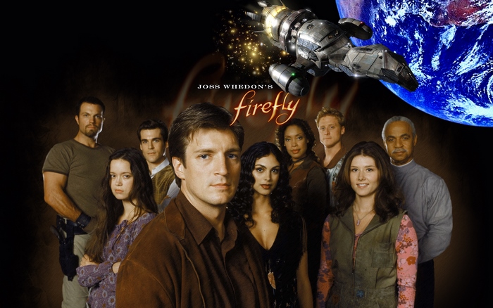 Firefly cast with Serenity spaceship and Earth