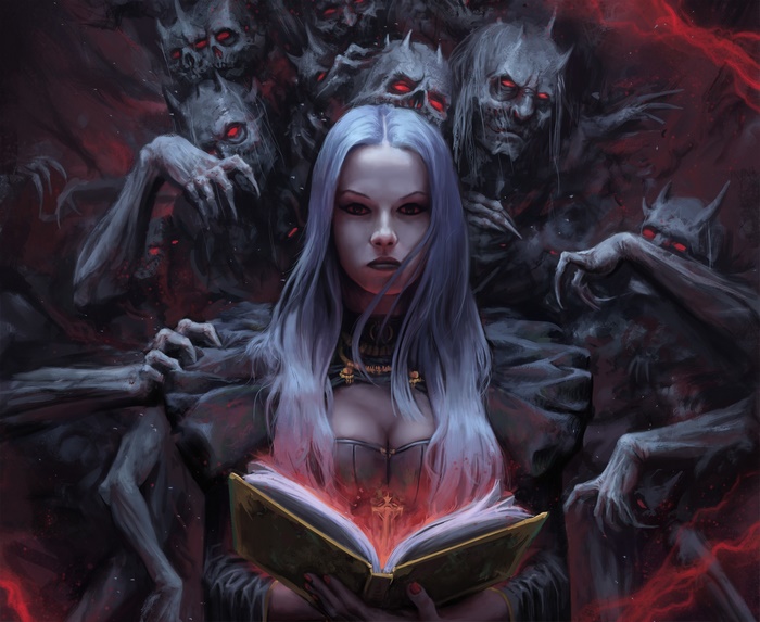 Dark Sorceress with Demons and Magic Book