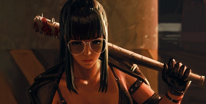 Girl with baseball bat wearing sunglasses