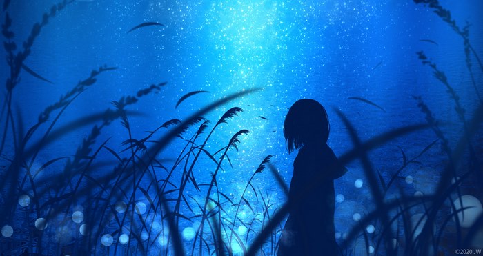 Girl in a field under a starry sky