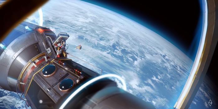 Astronauts on a space walk above Earth