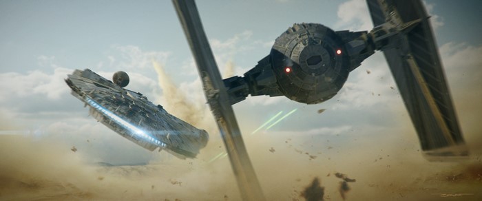 Millennium Falcon and TIE Fighter in Star Wars battle