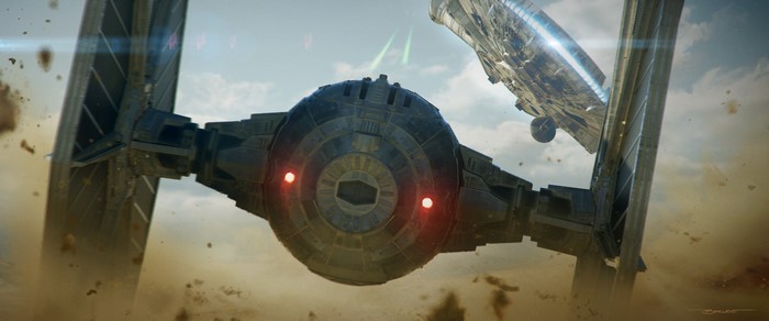 Millennium Falcon and TIE Fighter in battle