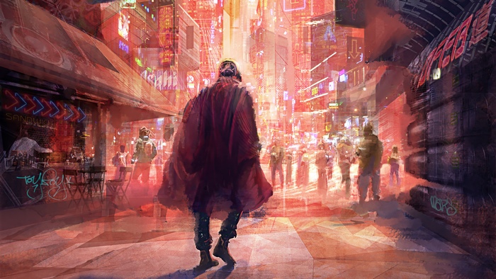 Sci Fi Cyberpunk City Street with People 4K