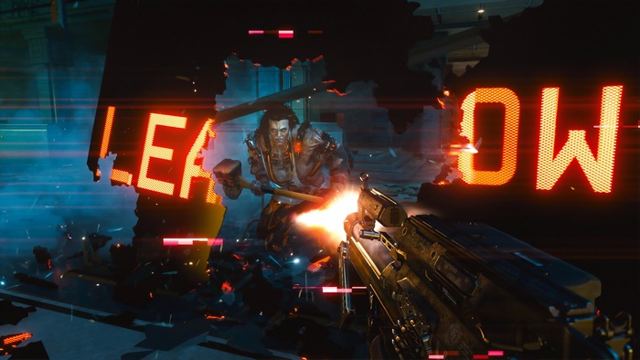 Cyberpunk 2077 character with hammer and gun