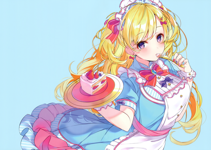 Girl with Blonde Hair and Purple Eyes eating Cake