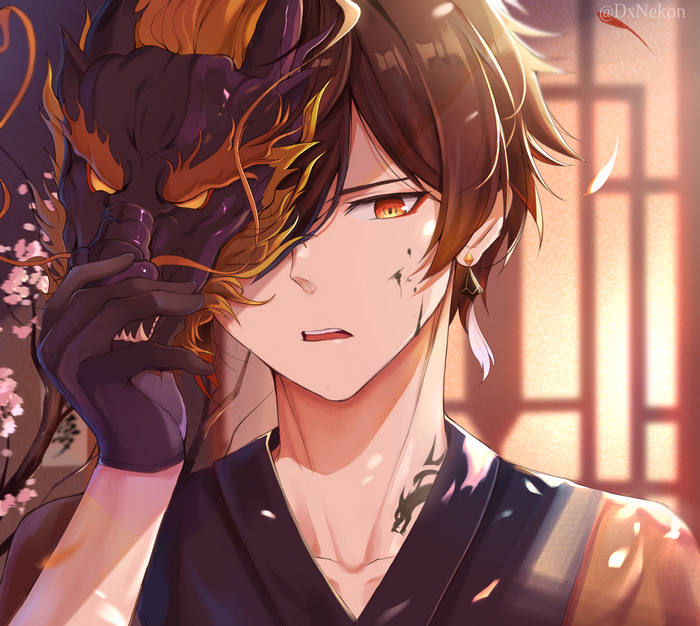 Zhongli from Genshin Impact holding a dragon mask