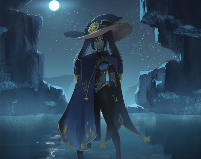 Mona from Genshin Impact in a snowy landscape